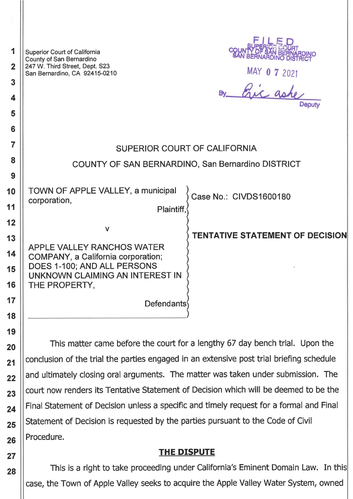 Tentative Statement of Decision